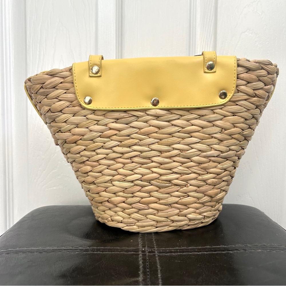 Yellow and Tan Straw Woven Bamboo Handle/Crossbody Bag - Picture 2 of 11